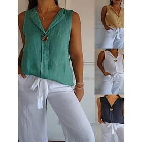 Women's Shirt Linen Shirt Blouse Patchwork Buttons Plain Stylish Classic Modern Sleeveless V Neck Regular Tops Daily Holiday Going out White Navy Blue Green Kh
