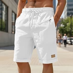 Men's Linen Shorts Summer Shorts Beach Shorts Drawstring Elastic Waist Zipper Pocket Plain Solid Comfort Soft Knee Length Daily Beach Fashion Chic Modern Blue