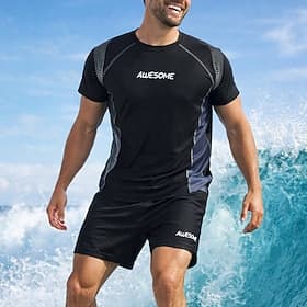 Men's Standard 2 Piece Rash Guard Surfing Shirt Swimsuit Shorts Color-blocking Drawstring With Compression Liner UV Sun Protection Quick Dry Breathable Short S