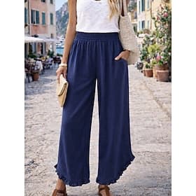 Mulheres Calças com toque de linho Perna larga chinês Calça verão Férias Roupa de rua Básico Comprimento total Cintura Média Tecido Bolsos Cintura elástica Con