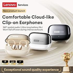 Auriculares inalámbricos Lenovo de clip para oreja abierta, Bluetooth 6.0 con estuche de carga, 25 horas de reproducción, compactos. Sonido potente, micrófono