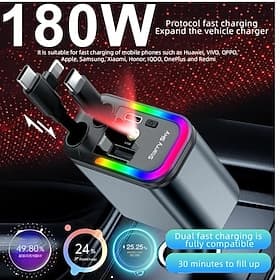 Cargador rápido para coche 5 en 1 de 180 W, adaptador de corriente USB tipo C, cargador de teléfono retráctil con luz de techo tipo estrella para teléfonos iOS
