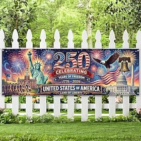 U.S. 250th Anniversary 250 Years of Freedom Banner Celebrating USA History with Statue of Liberty Eagle and Fireworks Perfect for Patriotic Displays