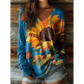 Women's T Shirt Print Floral Graphic Sunflower Vintage Casual Boho Long Sleeve V Neck Regular Tops Daily Blue Red Navy Blue Orange Green Summer Spring Fall