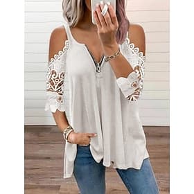 Damen Hemd Oberteil mit Ösen Bluse Spitzentops Reißverschluss Lochmuster Einfach Stilvoll Klassisch Modern Langarm V Ausschnitt Normale Oberteile Täglich Ferie