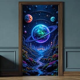 Sci-Fi Cosmic Planet Cityscape Door Banner Glowing Blue Ringed Planet Galaxy Portal Futuristic Landscape Door Cover for Bedroom Gaming Room Entryway Home Decor