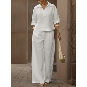 Women's Cotton Linen Sets Pants Sets 3/4 Length Sleeve V Neck Solid Color Fashion Streetwear Casual Daily Outdoor Blue Black White Spring Summer Loose Fit