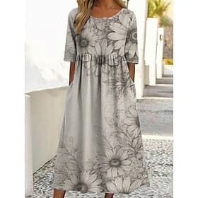 Damen Midikleid Freizeitkleid Druckkleid Mode Outdoor Urlaub Ausgehen Lässiger Schnitt Blumen Grafik Halbarm Rundhalsausschnitt Hellgelb Hellrosa Hellgrün Grau