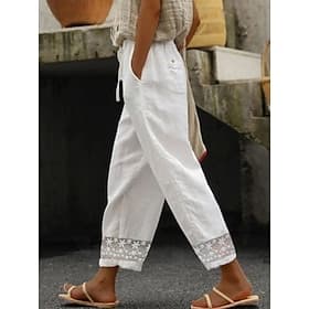 Femmes Pantalon effet lin Jambe large Chinos Pantalon d'été Vacances Basique Occasionnel Longueur complète Taille haute Uni Dentelle Avec Poches Ceinture Élast
