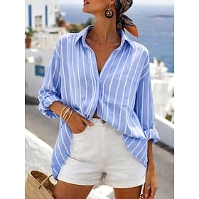 Damen Bluse Knöpfe Druck Gestreift Stilvoll Lässig Langarm Hemdkragen Normale Oberteile Täglich Blau Rosa Grün Sommer Frühling Herbst