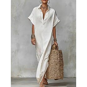 Women's Midi Dress Shirt Dress Casual Dress Cotton Linen Dress Elegant Fashion Modern Outdoor Vacation Going out Loose Fit Plain Short Sleeve Shirt Collar Whit