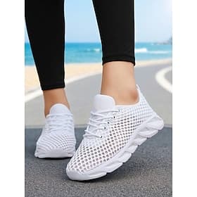 Women's White Breathable Mesh Running Sneakers, Lightweight Lace-Up Walking Shoes for Jogging, Travel, Gym Everyday Comfort