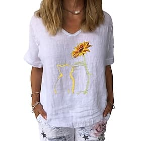Damen Baumwoll Mischung Bluse Patchwork Druck Grafik Stilvoll Klassisch Modern Kurzarm V Ausschnitt Normale Oberteile Täglich Ferien Ausgehen Weiß Gelb Dunkelb