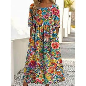 Damen Midikleid Freizeitkleid Druckkleid Mode Outdoor Urlaub Ausgehen Lässiger Schnitt Blumen Grafik Kurzarm Rundhalsausschnitt Blau Hellgelb Purpur Grün Somme