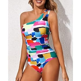 Dames Zwemkleding Een stukje Monokini Zwempak Buikcontrole Hoge taille Slank Blote rug Vakantie Strand Kleding Bloemig Luipaard Asymmetrische nek Mouwloos Badp