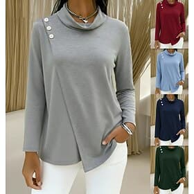 Women's T Shirt Tee Top Buttons Plain Elegant Fashion Stylish Long Sleeve Cowl Neck Regular Tops Daily Going out Weekend Blue Red Navy Blue Green Gray Summer S