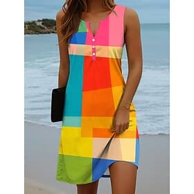 Damen Minikleid Shiftkleid Sommerkleid Urlaub Lässig Boho Täglich Ferien Ausgehen Normale Passform Grafik Geometrisch Ärmellos Einkerbiger Ausschnitt Blau Purp