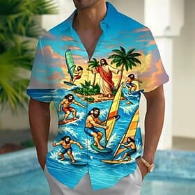 Men's Jesus Surfing Tropical Plants Summer Hawaiian Shirt Button Up Shirt Aloha Shirt Short Sleeve Hawaiian Funny Vacation Summer Spring Turndown 3D Print Coll