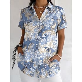 Women's Shirt Buttons Print Graphic Paisley Vintage Stylish Modern Short Sleeve Shirt Collar Regular Tops Daily Blue Purple Green Khaki Summer Spring