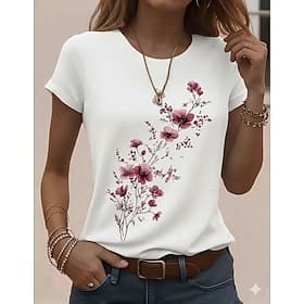 Women's T Shirt Print Graphic Animal Plants Vintage Stylish Classic Short Sleeve Crew Neck Round Neck Regular Tops Daily Weekend Blue White Pink Summer Spring