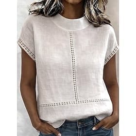 Women's Linen-feel Shirts Blouse Cotton Shirt Eyelet Solid Color Daily Stylish Basic Short Sleeve Stand Collar Regular Tops Daily White Summer Spring