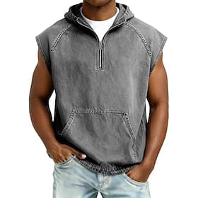 SoftFade™ Men's Tank Top Vest Top Demin Shirt Acid Wash Shirt Sleeveless Hooded Zip Summer Spring Plain Basic Garment Dyed Hooded Casual Vacation Street Black