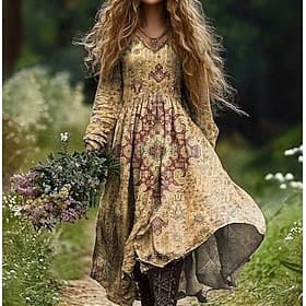 Robe bohème pour femme, robe longue à fleurs, col en V, robe vintage, robe imprimée, mode, moderne, été, printemps