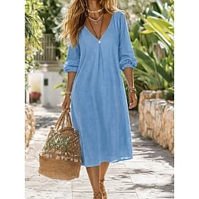 Women's Midi Dress Linen-feel Dresses A Line Dress Casual Daily Loose Fit Plain 3/4 Length Sleeve V Neck Blue Black White Pink Summer Spring Fall