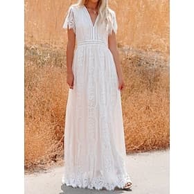 Femmes Robe maxi Robe en dentelle blanche Élégant Mode Moderne Extérieur Vacances Sortir Coupe régulière Uni Manche Courte Col en V Blanche Été Printemps