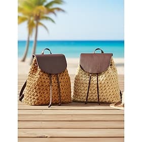 Boho-Rucksack aus Strohgewebe für Damen in Elfenbein-Khaki, geräumige Reisetasche mit verstellbaren Trägern für den Alltag, Strandurlaub und Resortaufenthalte.