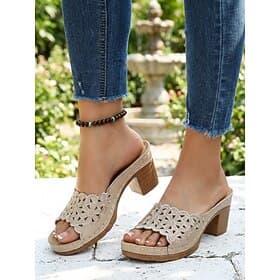 Women's Beige Floral Cutout Mule Sandals – Chunky Heel Summer Slides for Casual, Vacation, Garden Daily Wear