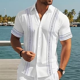 Men's Striped Geometric Pattern Shirt Button Up Shirt Casual Dress Shirt Short Sleeve Fashion Casual Streetwear Vacation Spring Fall Turndown 3D Print Collared