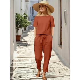 Women's Linen-feel Set Pants Sets Short Sleeve Crew Neck Plain Drawstring Active Streetwear Daily Outdoor Vacation Khaki Army Green Red Summer Loose Fit