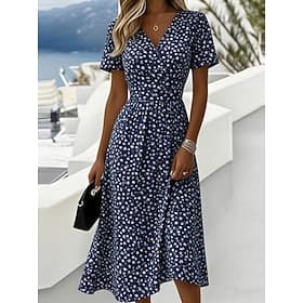 Women's Midi Dress Shift Dress Vacation Casual Boho Daily Summer Dress Spring Dress Regular Fit Floral Graphic 3/4 Length Sleeve Crew Neck V Neck Yellow Pink P