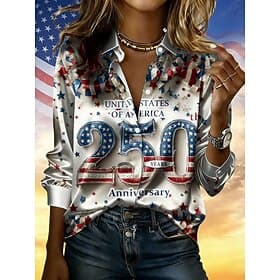 American 250th Independence Day Women's Shirt Satin Shirt Print American Flag Vacation Fashion Daily Long Sleeve Shirt Collar Regular Tops Daily Holiday Going