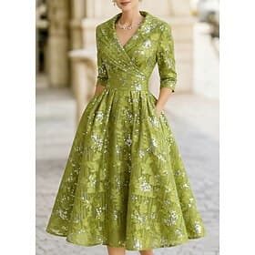 A-Linie Tee-Länge Kleid für Hochzeitsgäste Brautmutterkleid Dreiviertelarm Revers Elegant Vintage Glanz Glamour Formell Hochzeitsgast Kentucky Derby Chiffon J