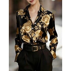 Women's Shirt Satin Shirt Print Floral Graphic Vacation Fashion Stylish Long Sleeve Shirt Collar Regular Tops Daily Holiday Going out Black Summer Spring Fall
