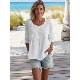Women's Shirt Linen-feel Shirts Blouse Lace Patchwork Solid Color Basic Casual 3/4 Length Sleeve V Neck Regular Tops Daily White Summer Spring