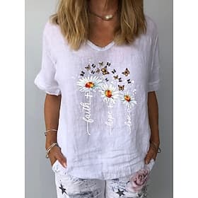 Femmes Chemise en lin T-shirt Imprimé Fleuri Graphique Mode Classique Occasionnel Manche Courte Col en V Hauts Réguliers Quotidien Sortir Week-end Blanche Jaun