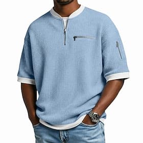 Men's Waffle T-shirt Tee Top Short Sleeve Pullover Half Zip Summer Solid Color Fashion Designer Comfortable Patchwork Color Block Zipper Pocket Casual Daily Ou