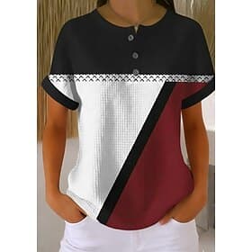 Women's Waffle Textured Knit Tops T Shirt Color Block Graphic Geometric Stylish Classic Short Sleeve Crew Neck Round Neck Daily Sports Weekend Black and Red Pu