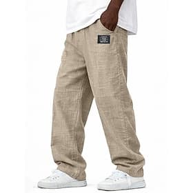 Men's Linen Pants Trousers Casual Pants Summer Pants Beach Pants Drawstring Elastic Waist Straight Leg Solid Color Comfort Full Length Daily Outdoor Streetwear