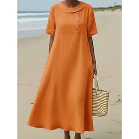 Women's Midi Dress Linen-feel Dresses Sundress A Line Dress Summer Dress Vacation Casual Beach Beach Holiday Summer Dress Loose Fit Plain Short Sleeve Lapel Bl