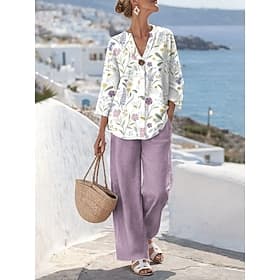 Women's Two Piece Sets Pants Sets 3/4 Length Sleeve V Neck Floral Graphic Print Daily Stylish Casual Daily Vacation Blue Purple Green Spring Summer Regular Fi