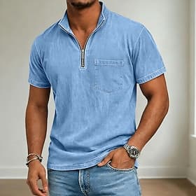 SoftFade™ Men's T Shirt 100% Cotton Acid Wash Shirt Short Sleeve Quarter Zip Summer Spring Fall Plain Retro Vintage Casual Vintage Style Garment Dyed Washed Ca