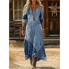 Women's Maxi long Dress Boho Dress Vintage Dress Casual Dress Vintage Daily Outdoor Vacation Regular Fit Floral Long Sleeve V Neck Blue Spring Autumn