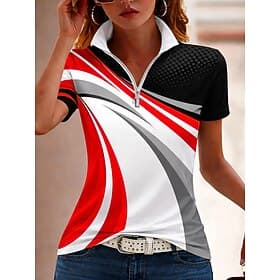 Women's T Shirt Zipper Quarter Zip Graphic Geometric Color Block Vintage Tropical Hawaiian Short Sleeve High Neck Regular Tops Beach Wedding Daily Sports Blue