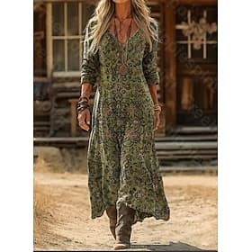 Women's Maxi long Dress Boho Dress Vintage Dress Casual Dress Vintage Daily Outdoor Vacation Regular Fit Tie Dye Long Sleeve V Neck Green Spring Autumn