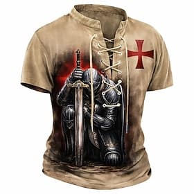 Men's Crusaders Kneeling Knight Knights Templar Medieval Vintage T-Shirt All Over Print Lace-up V Neck Honor Warrior Short Sleeve Top Retro Streetwear Designer