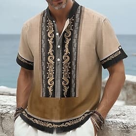 Homme Ethnique Chemise Chemise en lin Chemise Henley Manche Courte Ethnique Tribal Quotidien Vacances Été Printemps Col mandarin Imprimé Bleu Kaki